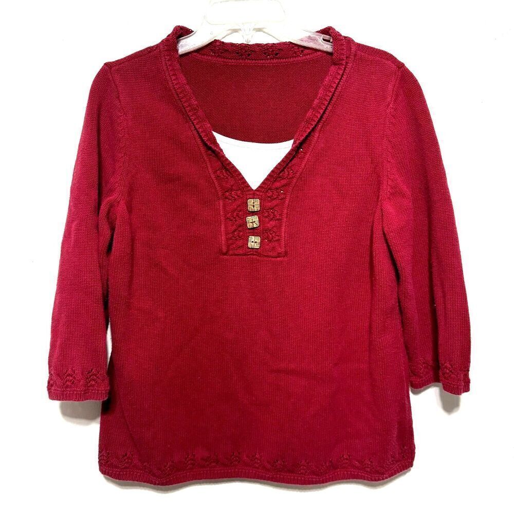 CJ Banks Sweater Tight Knit 3/4 Sleeve V-Neck Red 100% Cotton Womens sz Large
